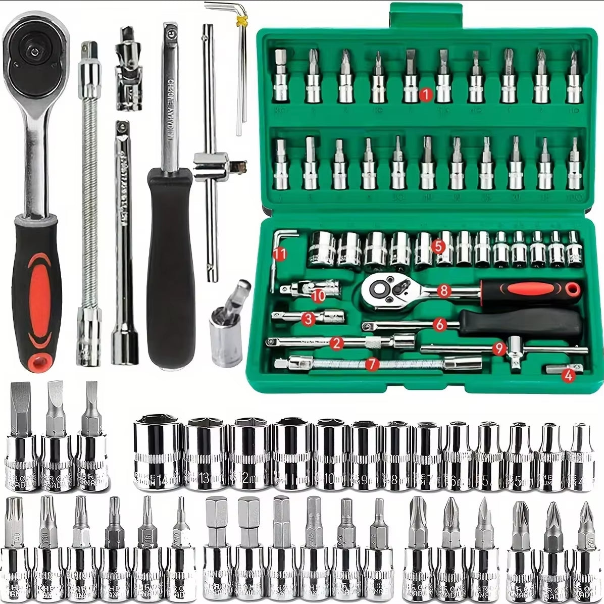 46Pcs Family Tools 1/4 Set Mechanic Tool Kits for Auto Repair Hous with Sockets Metric Hex Bit Socket Set Inch Ratchet Wrench
