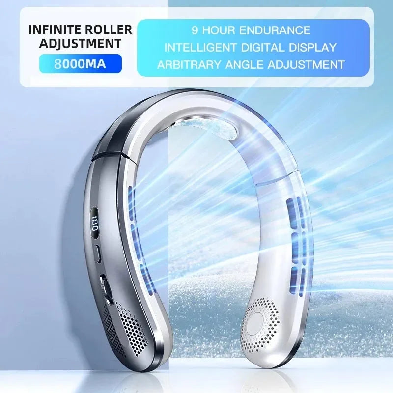 8000Mah Portable Hanging Neck Fan Bladeless Neckband Fan Digital Display Power Air Cooler USB Rechargeable Electric Fan