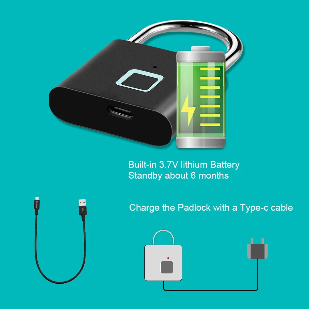 Smart Fingerprint Padlock Waterproof Fingerprint Keyless Door Lock Type C Rechargeable Security Padlock for House