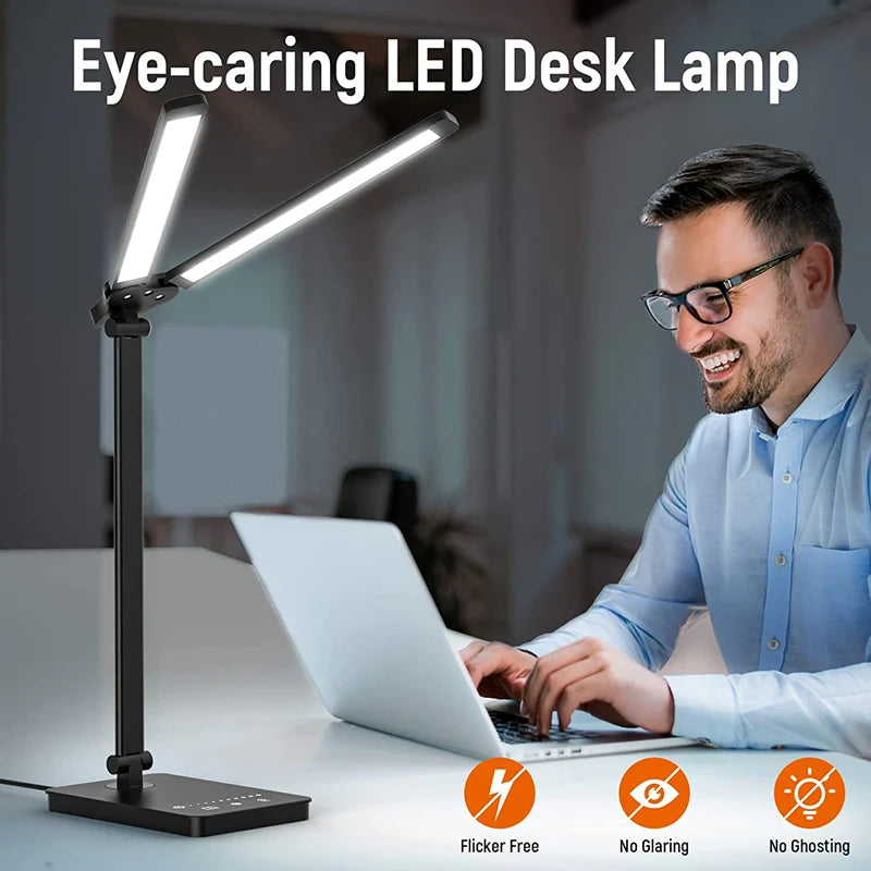 Double Head LED Desk Lamp,Dual Swing-Arm Table Lamp for Home Office,5 Color Modes and 5 Dimmable,Modern Eye-Caring Piano Lamp