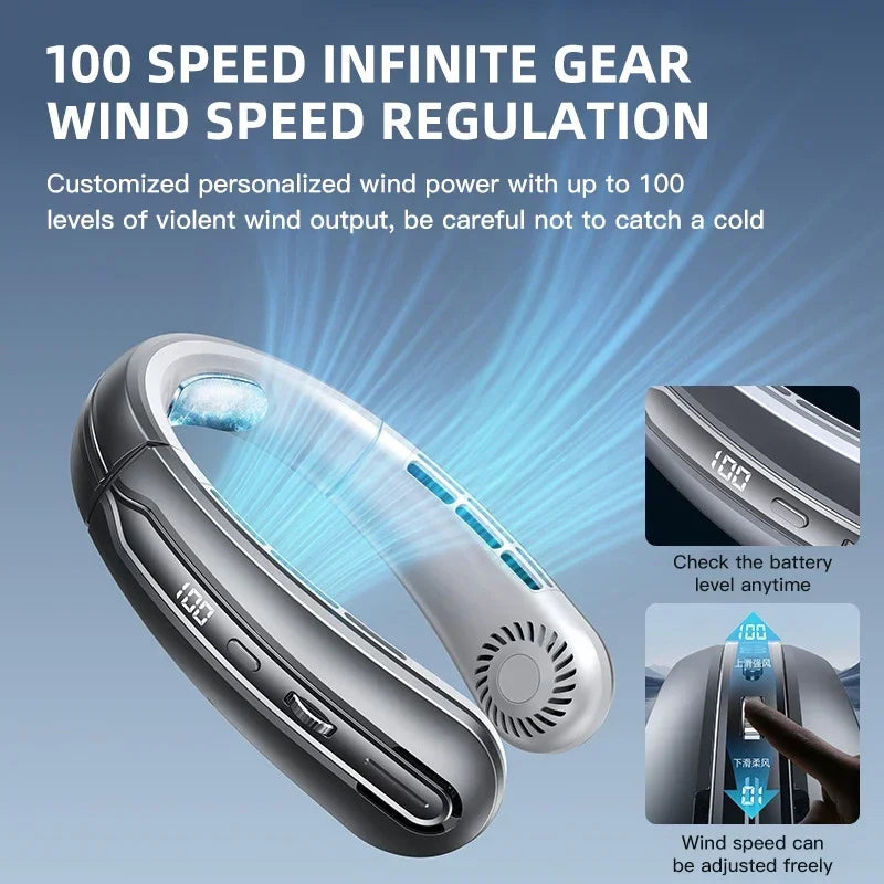 8000Mah Portable Hanging Neck Fan Bladeless Neckband Fan Digital Display Power Air Cooler USB Rechargeable Electric Fan