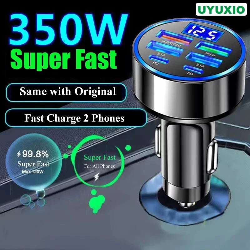 USB C Car Charger Adapter with Voltage Display 6 in 1 Super Fast in Car for Iphone 16 15 Pro Max Samsung Android Phone