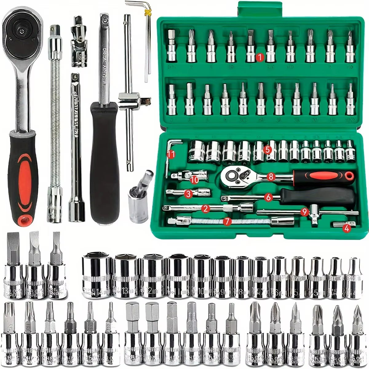 46Pcs Family Tools 1/4 Set Mechanic Tool Kits for Auto Repair Hous with Sockets Metric Hex Bit Socket Set Inch Ratchet Wrench