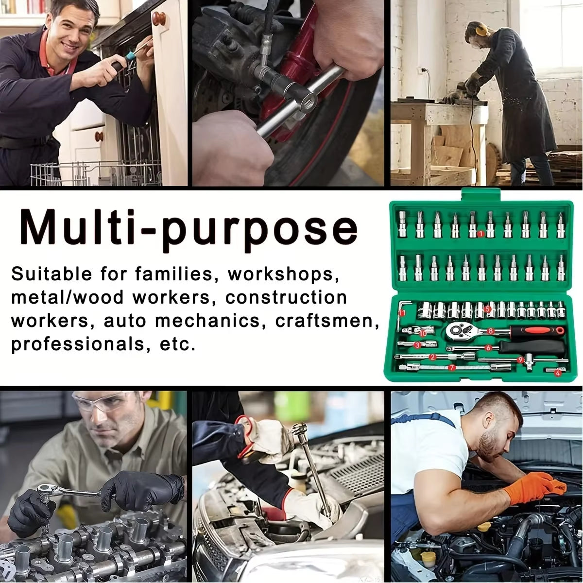 46Pcs Family Tools 1/4 Set Mechanic Tool Kits for Auto Repair Hous with Sockets Metric Hex Bit Socket Set Inch Ratchet Wrench